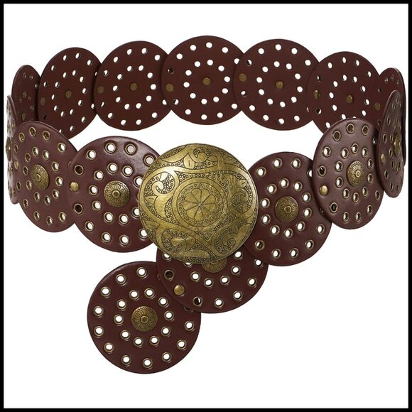 Vintage Western Leather Belt Adjustable Wide Disc Hollow Out Chic Retro